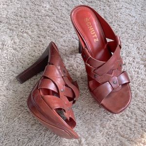 Schutz cognac braided leather wood clog platform heels mules sandals 7